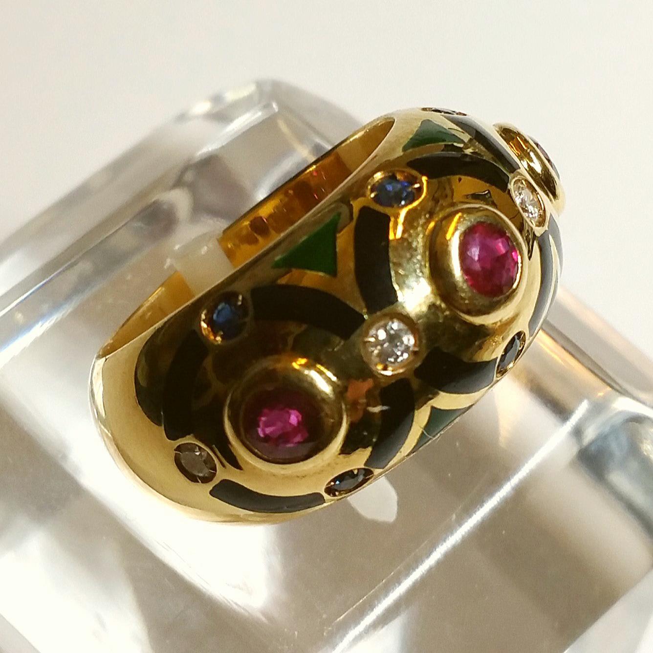 Women's or Men's Cartier Ring with Rubies, Diamonds and Black Enamel