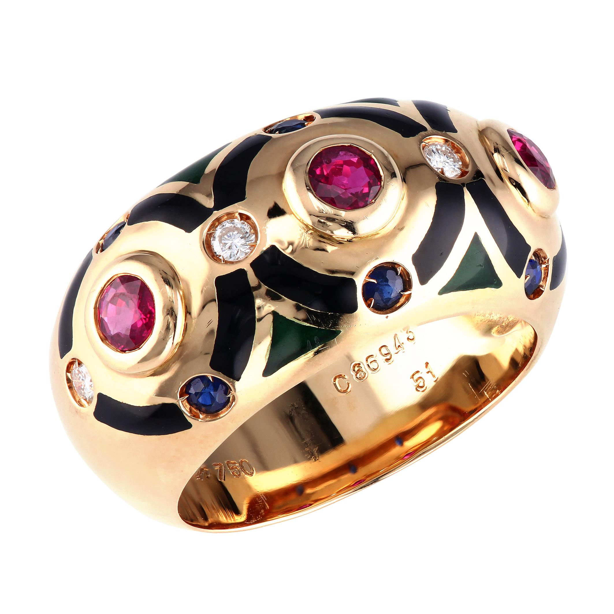 Cartier Ring with Rubies, Diamonds and Black Enamel