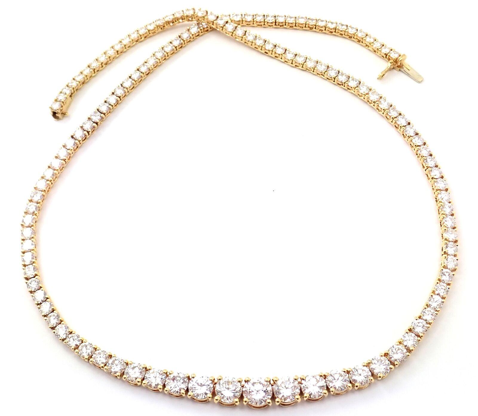 18k Yellow Gold 20ct Diamond Graduated Tennis Riviera Necklace by Cartier. 
With 125 Round brilliant cut diamonds VVS1 clarity E color Total Diamond Weight approximately  20ct
Lagest diamond .92ct
Two diamonds .70ct each
Two diamonds .55ct each
Tow