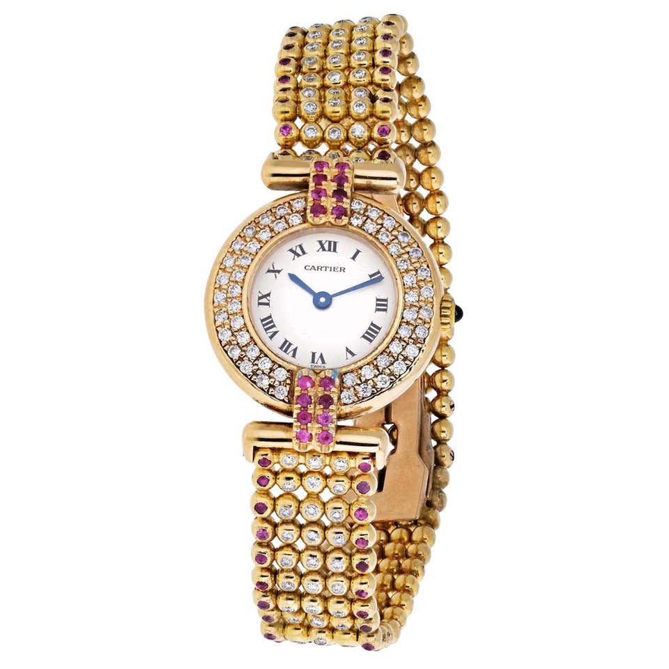 Cartier Rivoli 18 Karat Yellow Gold 1292 Diamonds and Ruby Ladies Watch ...