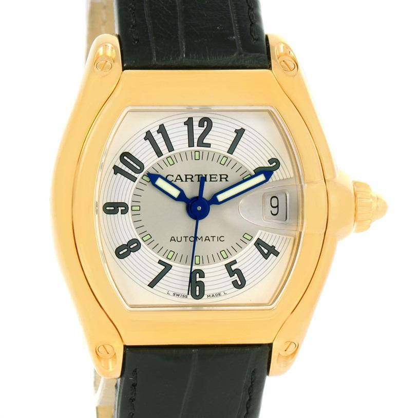 Cartier Roadster 18 Karat Yellow Gold Silver Dial Large Watch W62005V2 In Excellent Condition In Atlanta, GA