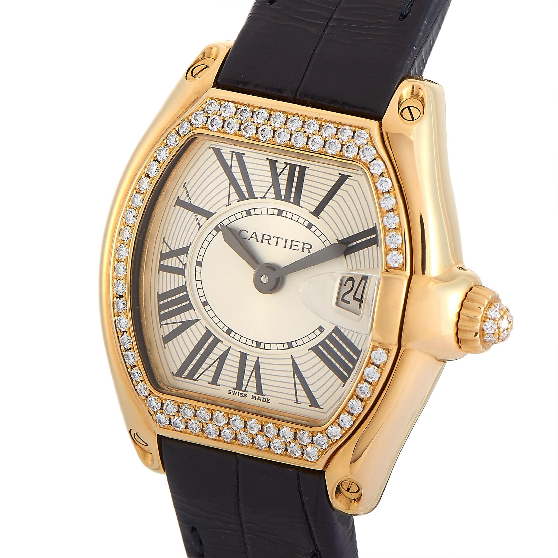 No longer in production, here is your chance to own a Cartier Roadster which debuted in 2001. This Cartier Roadster 18K Rose Gold Diamond Bezel Quartz Watch 3852 features an 18K rose gold case with diamonds set on the bezel. The pull/push crown also