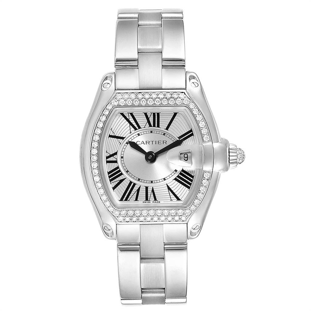 Cartier Roadster 18K White Gold Diamond Ladies Watch WE5002X2. Quartz movement. 18K white gold tonneau shaped case 36 x 30 mm. 18K white gold bezel with Original Cartier factory 71 round-cut diamonds. Scratch resistant sapphire crystal with cyclops