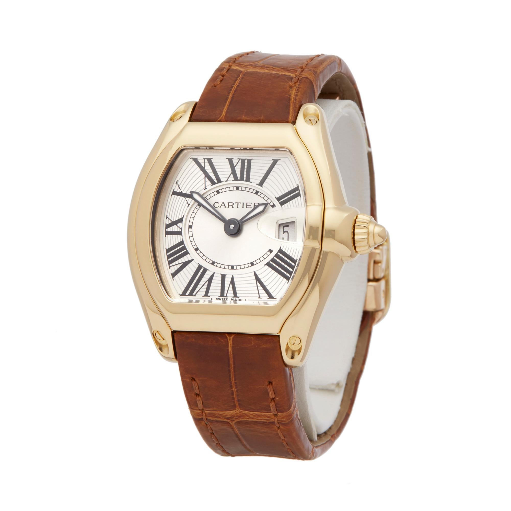 Ref: W5805
Manufacturer: Cartier
Model: Roadster
Model Ref: 2676
Age: Circa 2010's
Gender: Ladies
Complete With: Box Only
Dial: Silver Roman
Glass: Sapphire Crystal
Movement: Quartz
Water Resistance: To Manufacturers Specifications
Case: 18k Yellow