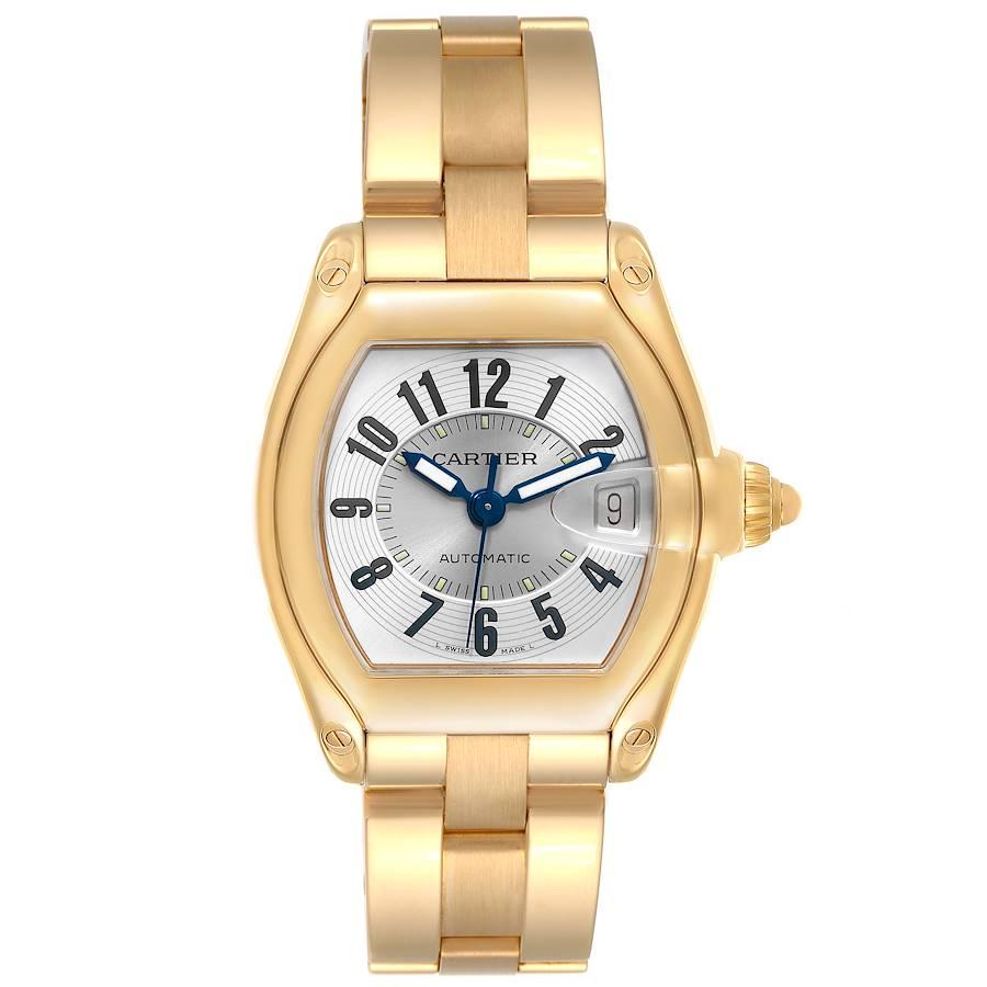 Cartier Roadster 18K Yellow Gold Large Mens Watch W62003V1. Automatic self-winding movement. 18K yellow gold tonneau shaped case 37 x 44 mm. . Scratch resistant sapphire crystal with cyclops magnifying glass. Silver sunray effect dial with black