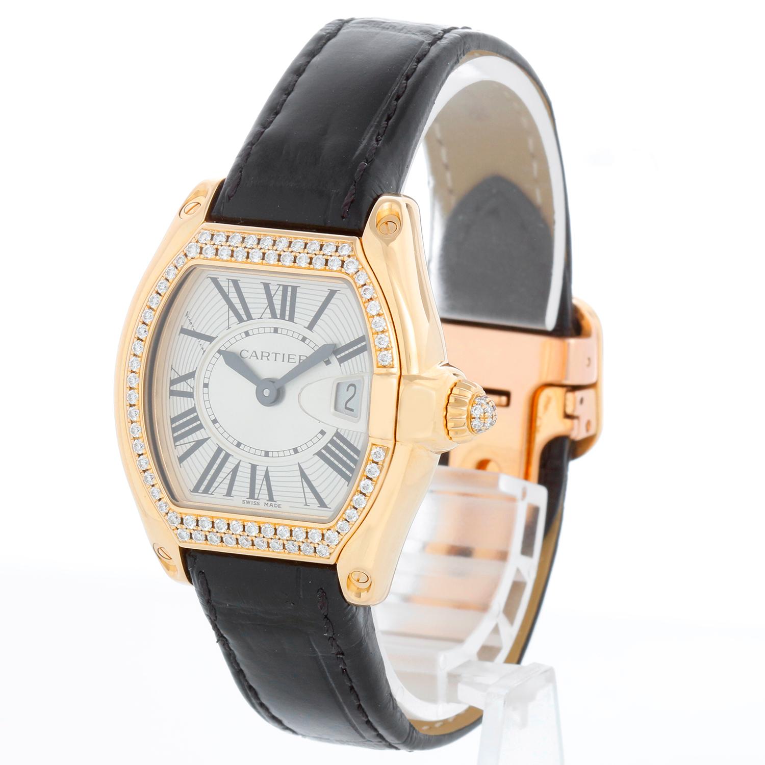 Cartier Roadster 18k Yellow Gold Quartz WE500160 2676 - Quartz. 18k yellow gold tonneau style case with diamond case  (31mm x 37mm). Silver guilloche dial with black Roman numerals; date at 3 o'clock. Black Cartier leather strap with 18K  yellow