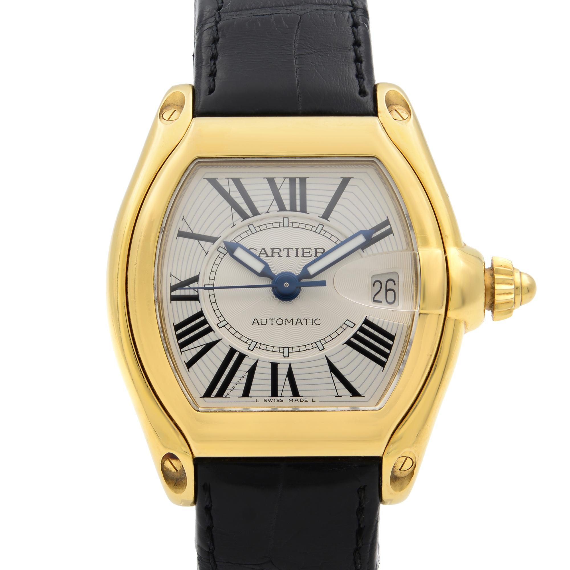 This pre-owned Cartier Roadster W62005V2 is a beautiful men's timepiece that is powered by mechanical (automatic) movement which is cased in a yellow gold case. It has a tonneau shape face, date indicator dial and has hand roman numerals style