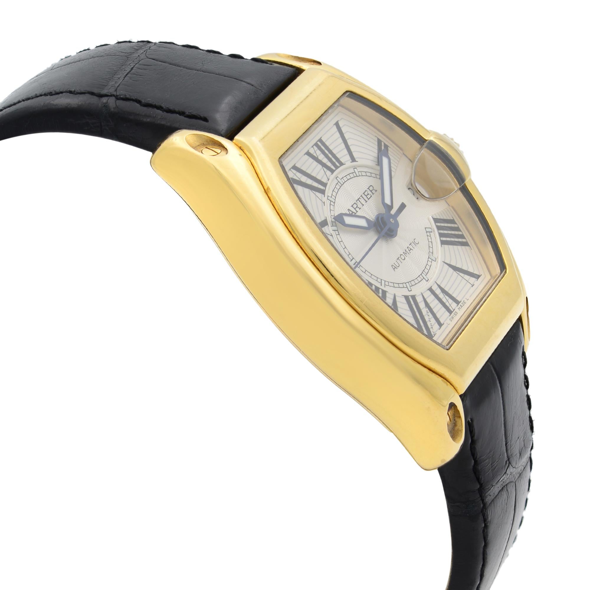 Cartier Roadster 18K Yellow Gold Silver Guilloche Automatic Men's Watch W62005V2 In Excellent Condition In New York, NY