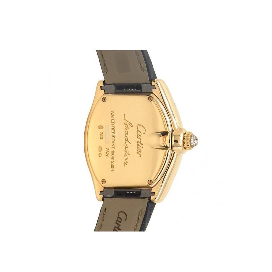 CARTIER ROADSTER 18K YELLOW GOLD SWISS QUARTZ LADIES WATCH 2676

-Mint condition
-18k Yellow Gold  
-Case size: 31x37mm
-Case thickness: 9mm
-Movement: Quartz 
-Date indicator
-Black leather bracelet
-Sapphire Crystal
-Diamond bezel

*Comes with