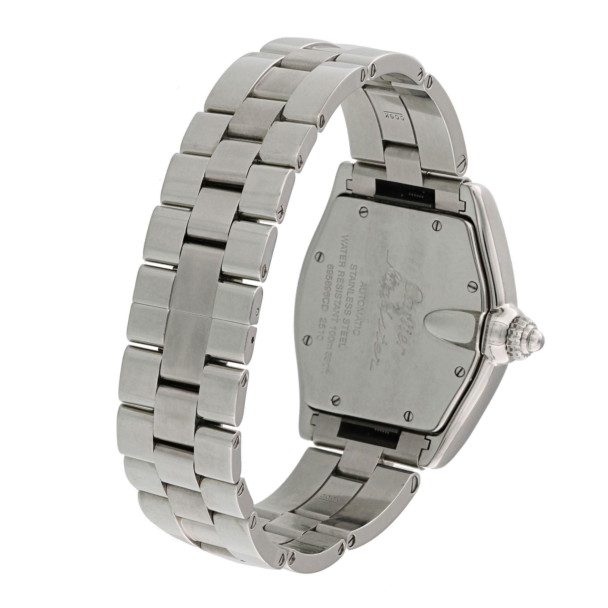 Cartier Roadster 2510 Men's Watch.
38mm Stainless Steel case. 
Stainless Steel smooth bezel. 
Gray dial with Luminous Steel hands and index hour markers. 
Minute markers on the outer dial. 
Date display at the 3 o'clock position. 
Stainless Steel