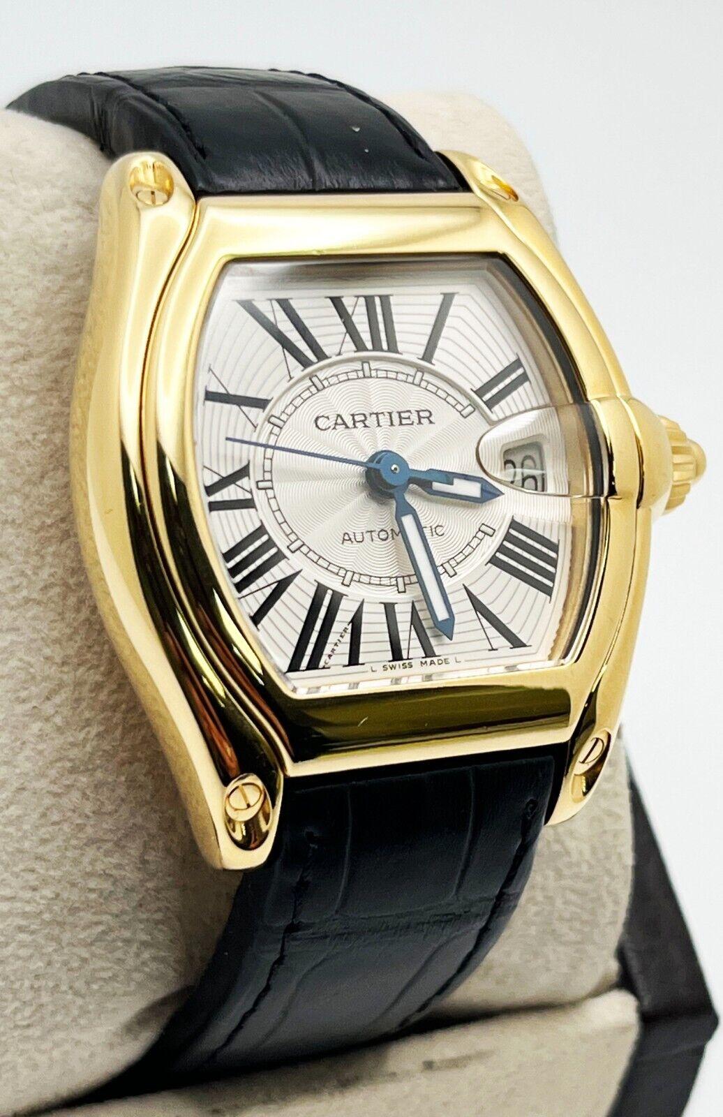 Style Number: 2524
 
Model: Roadster
 
Case Material: 18K Yellow Gold
 
Band: Black Leather Strap 
 
Bezel:  18K Yellow Gold 
 
Dial: Silver
 
Face: Sapphire Crystal 
 
Case Size:  37mm x 44mm
 
Includes: 
-Elegant Watch Box
-Certified Appraisal 
-1