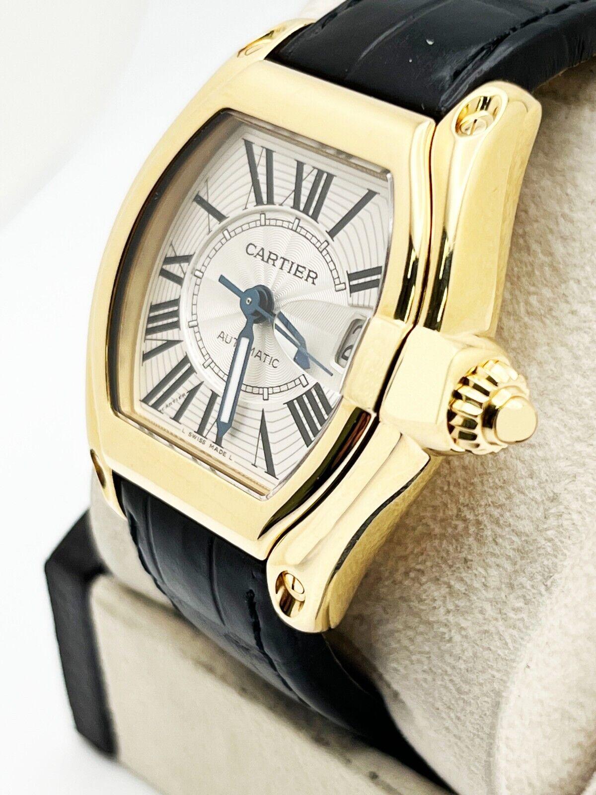 Women's or Men's Cartier Roadster 2524 18K Yellow Gold Silver Dial Leather Strap