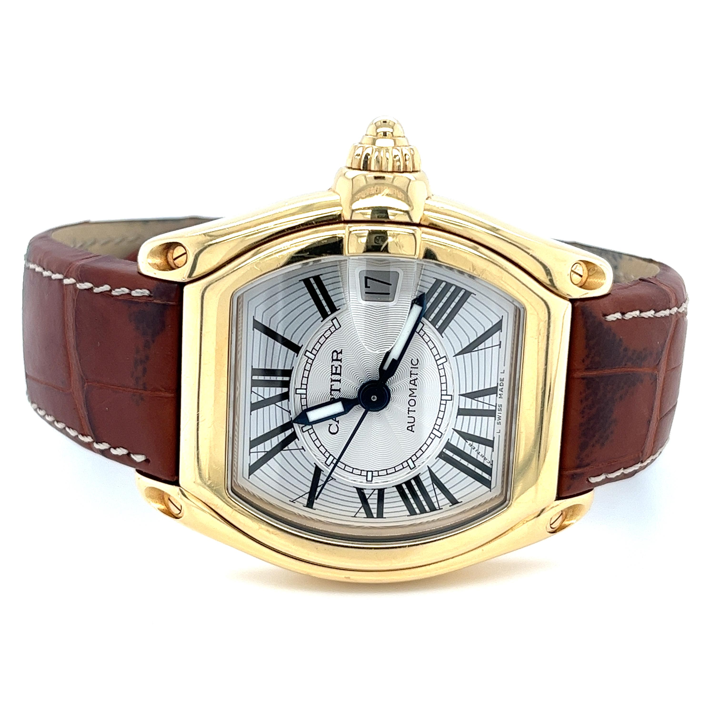 Art Deco Cartier Roadster 2524 Men's Watch in 18K Gold with Leather Strap Box and Papers