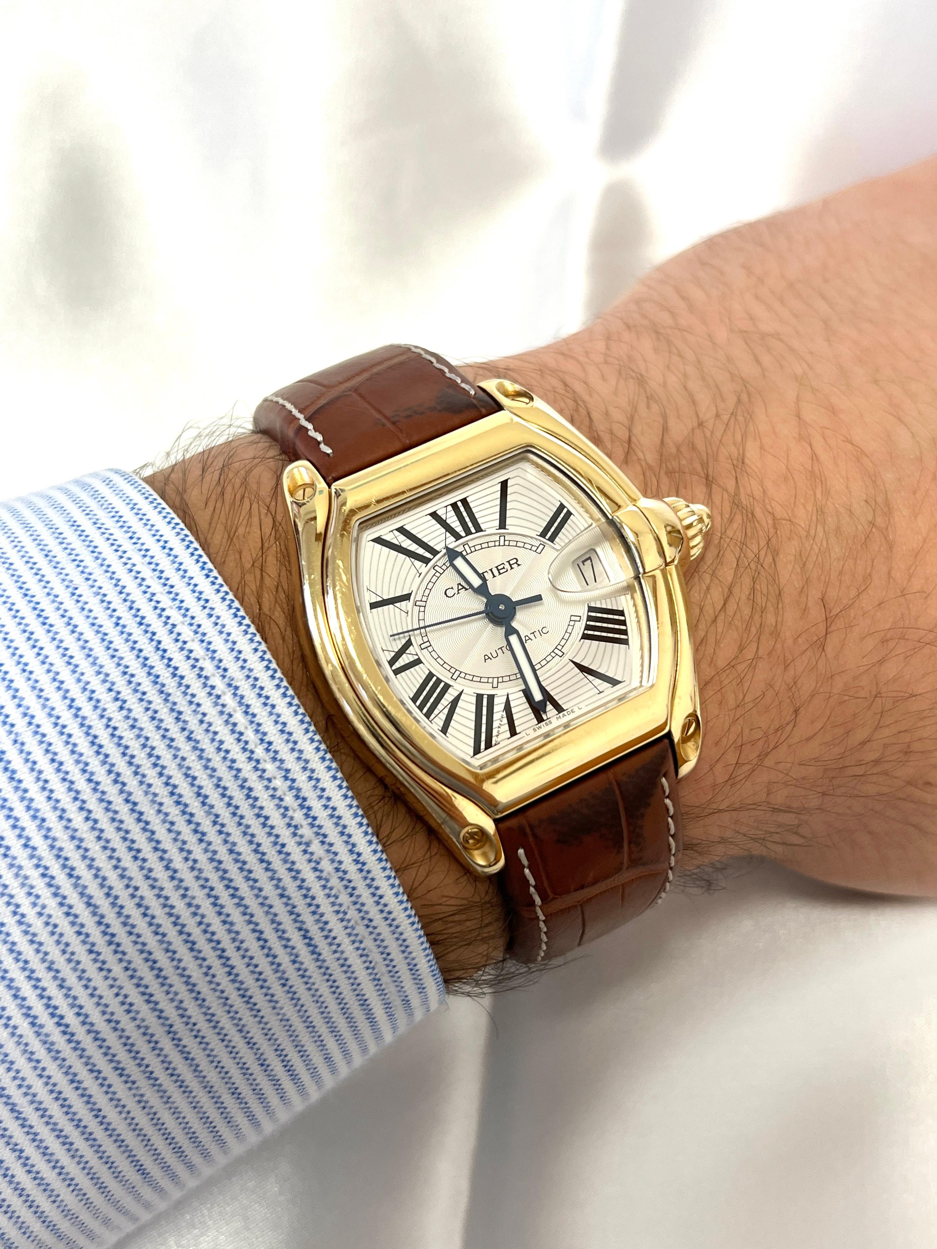 Cartier Roadster 2524 Men's Watch in 18K Gold with Leather Strap Box and Papers 2