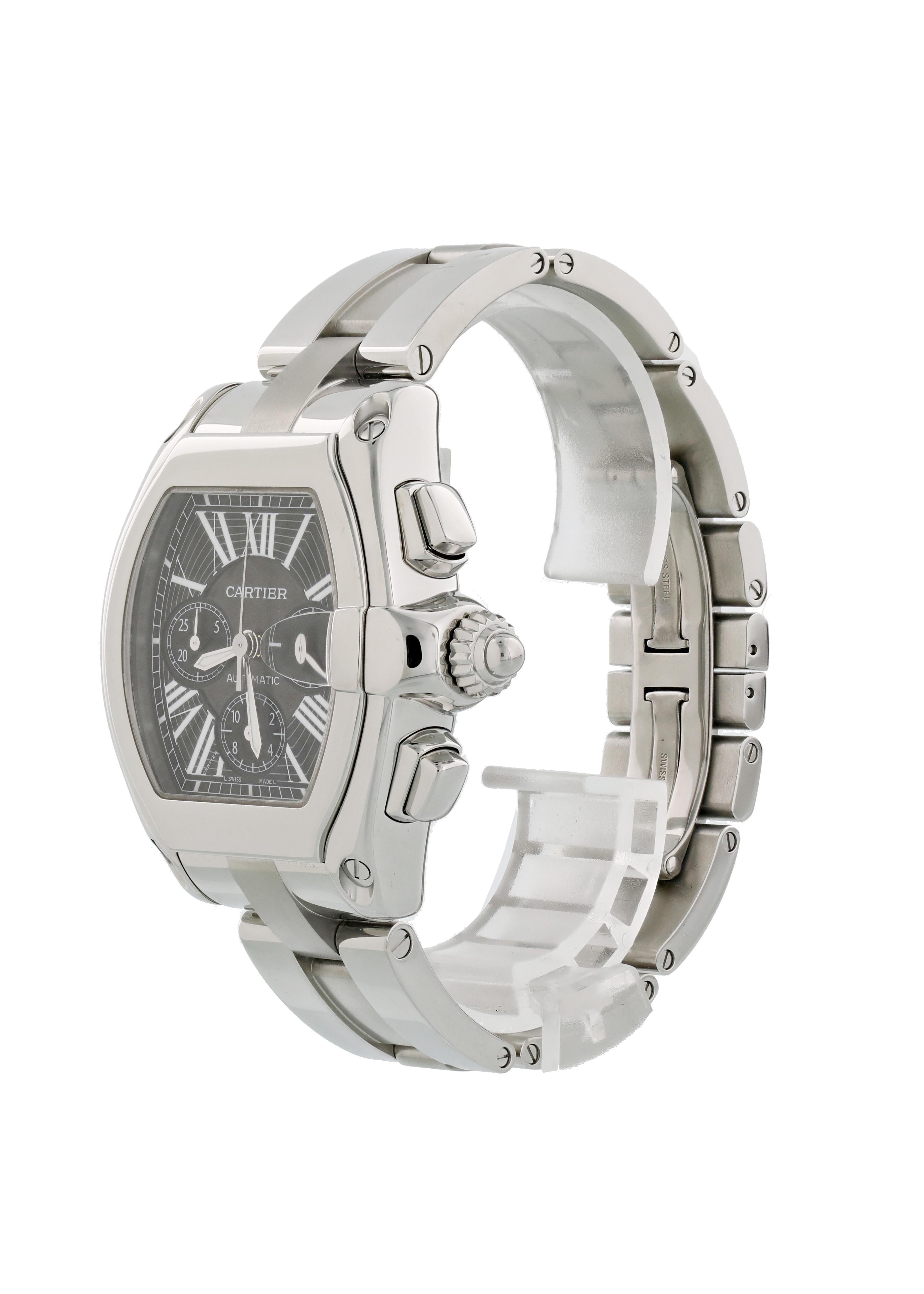 Cartier Roadster 2618 Mens Watch. 
43mm stainless steel case and stationary bezel. 
Black dial with steel luminous hands. 
White Roman numerals hour markers.  
Three chronograph subdials displaying small seconds, 
30 minutes, and 12 hours. Minute