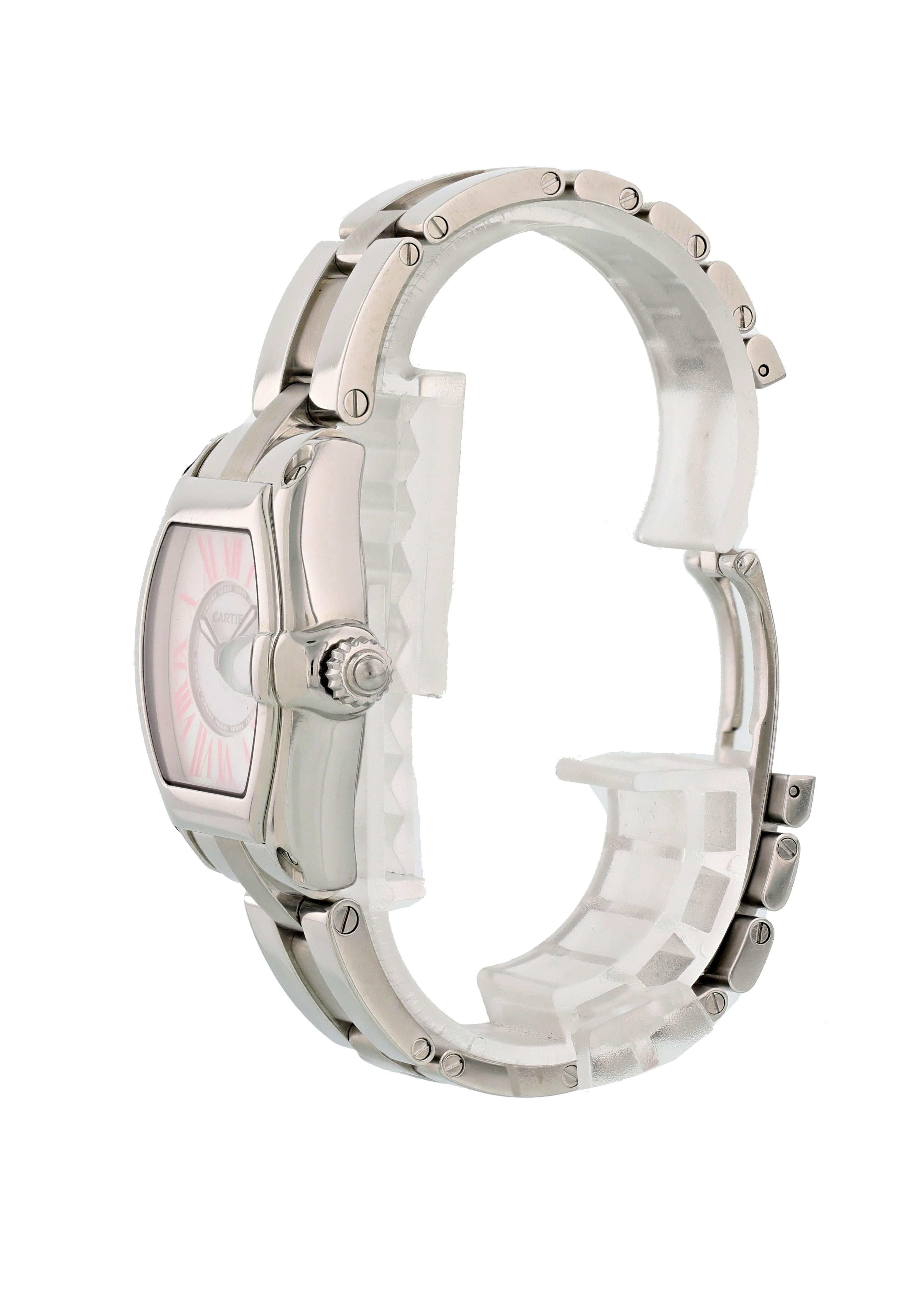 Cartier Roadster 2675 Ladies Watch. 32mm stainless steel case. Mother of pearl dial with luminous steel hands. Pink roman numeral hour markers. Date display by the 3 o'clock position. Stainless steel bracelet with hidden butterfly clasp. Will fit up