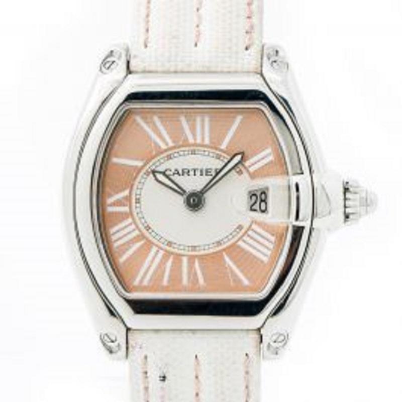 Cartier Roadster 2675 Women's Quartz Watch Salmon Dial Kevlar Leather Strap 30MM