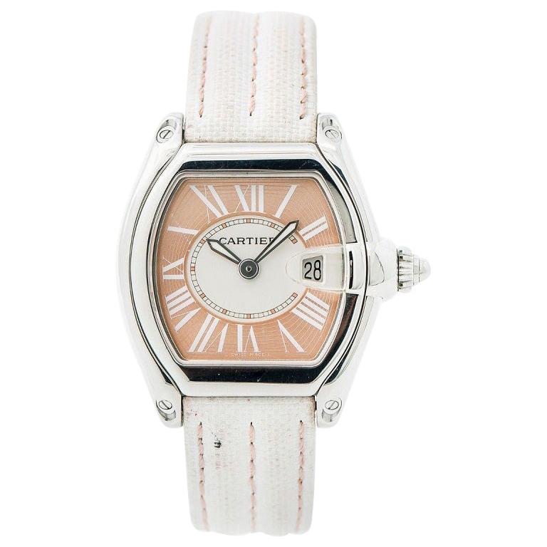Cartier Roadster 2675 Women's Quartz Watch Salmon Dial Kevlar Leather Strap For Sale
