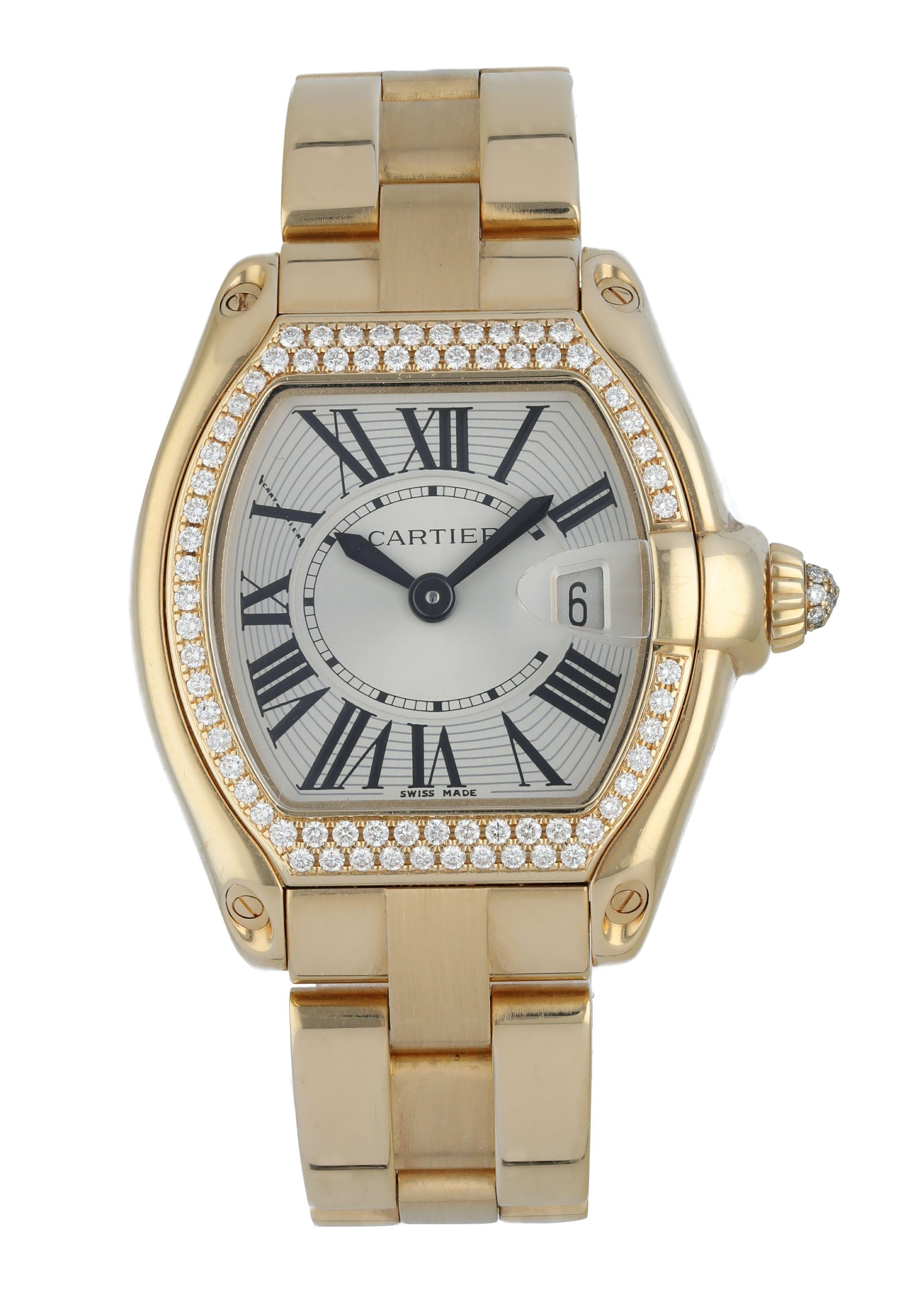 Cartier Roadster 2676 Ladies Watch. 
32mm 18k Yellow gold case.
Yellow Gold factory set diamond bezel and crown. 
Silver dial with Roman numeral hour markers. 
Minute markers on the inner dial. 
Date display at the 3 o'clock position. 
Yellow Gold