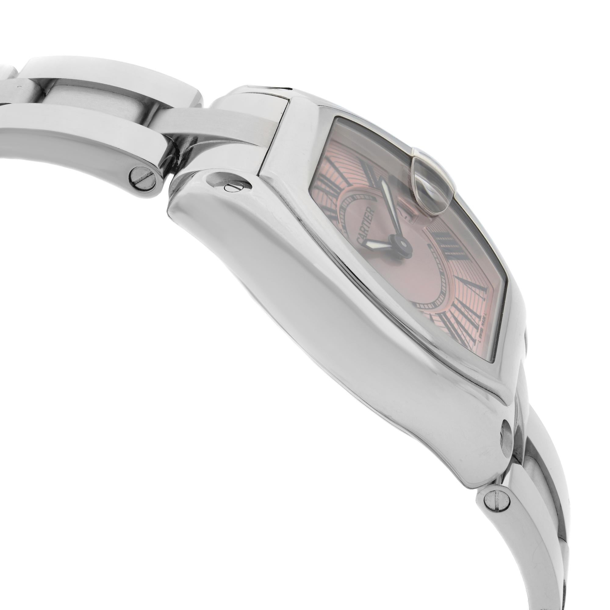 Cartier Roadster Stainless Steel Pink Dial Ladies Quartz Watch W62017V3 In Excellent Condition In New York, NY