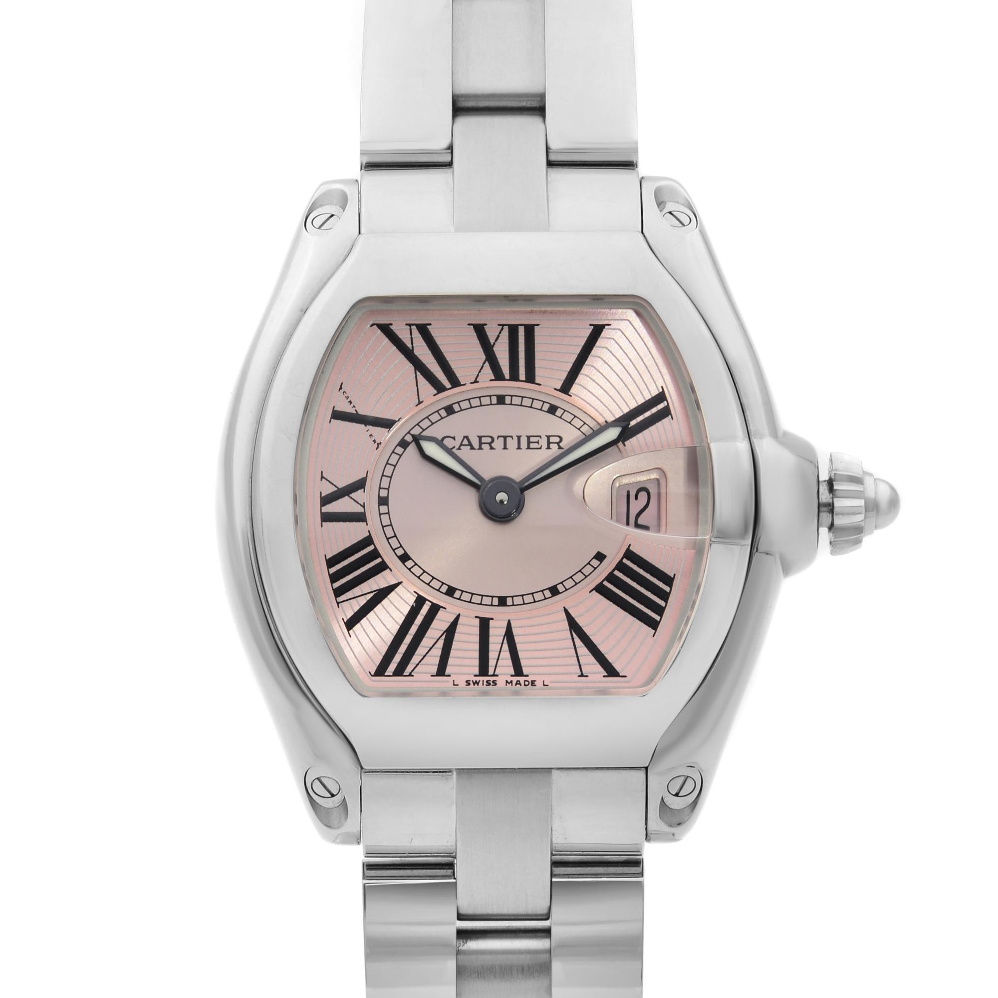 This pre-owned Cartier Roadster  W62017V3 is a beautiful Ladie's timepiece that is powered by quartz (battery) movement which is cased in a stainless steel case. It has a tonneau shape face, date indicator dial and has hand roman numerals style