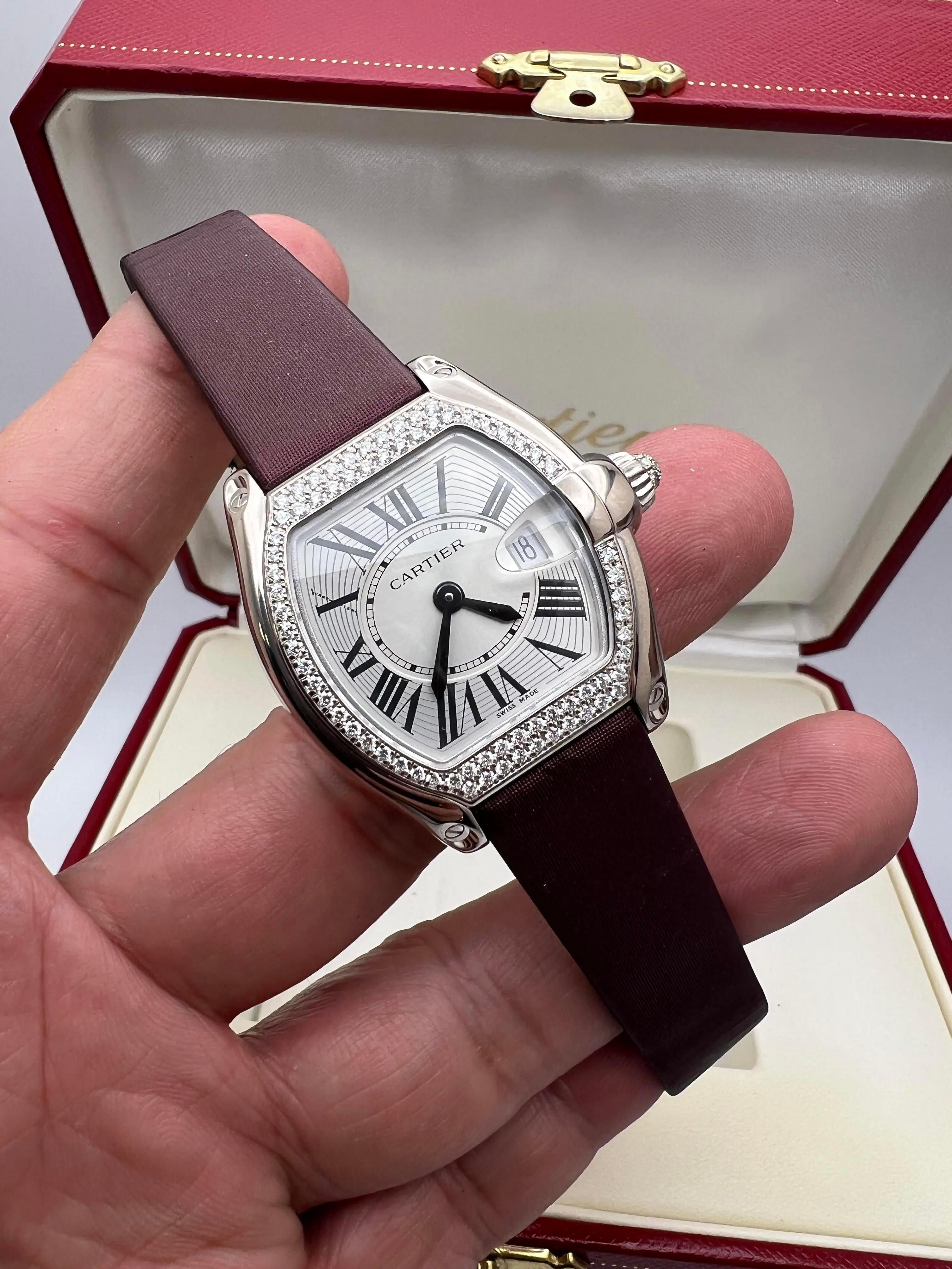 Round Cut Cartier Roadster 31x37mm 18K White Gold Factory Diamond Bezel WE500260 Box Paper For Sale