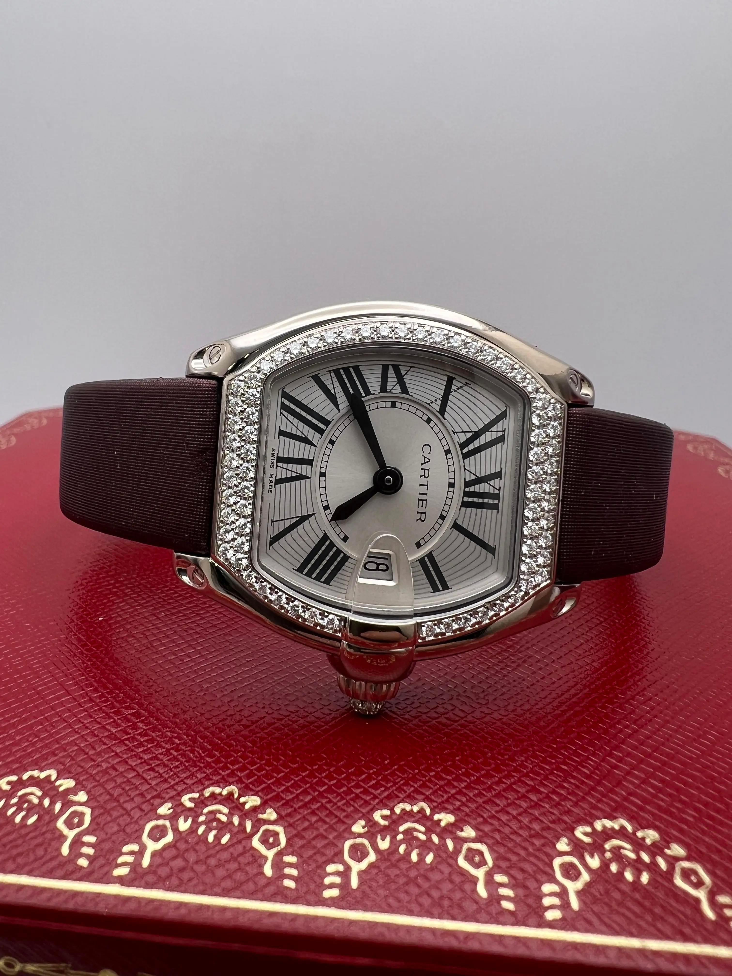 Cartier Roadster 31x37mm 18K White Gold Factory Diamond Bezel WE500260 Box Paper In Good Condition For Sale In New York, NY