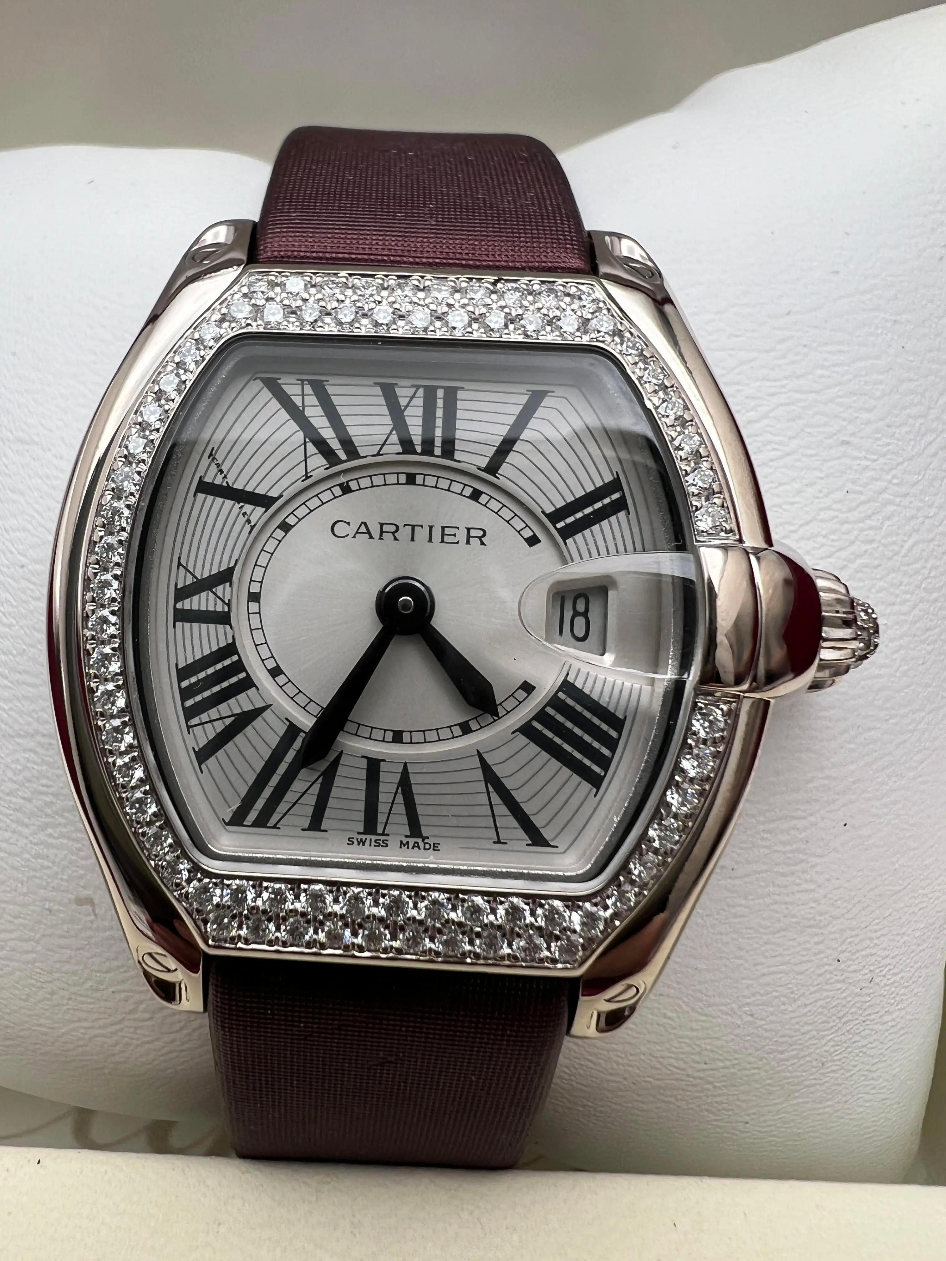 Women's or Men's Cartier Roadster 31x37mm 18K White Gold Factory Diamond Bezel WE500260 Box Paper For Sale