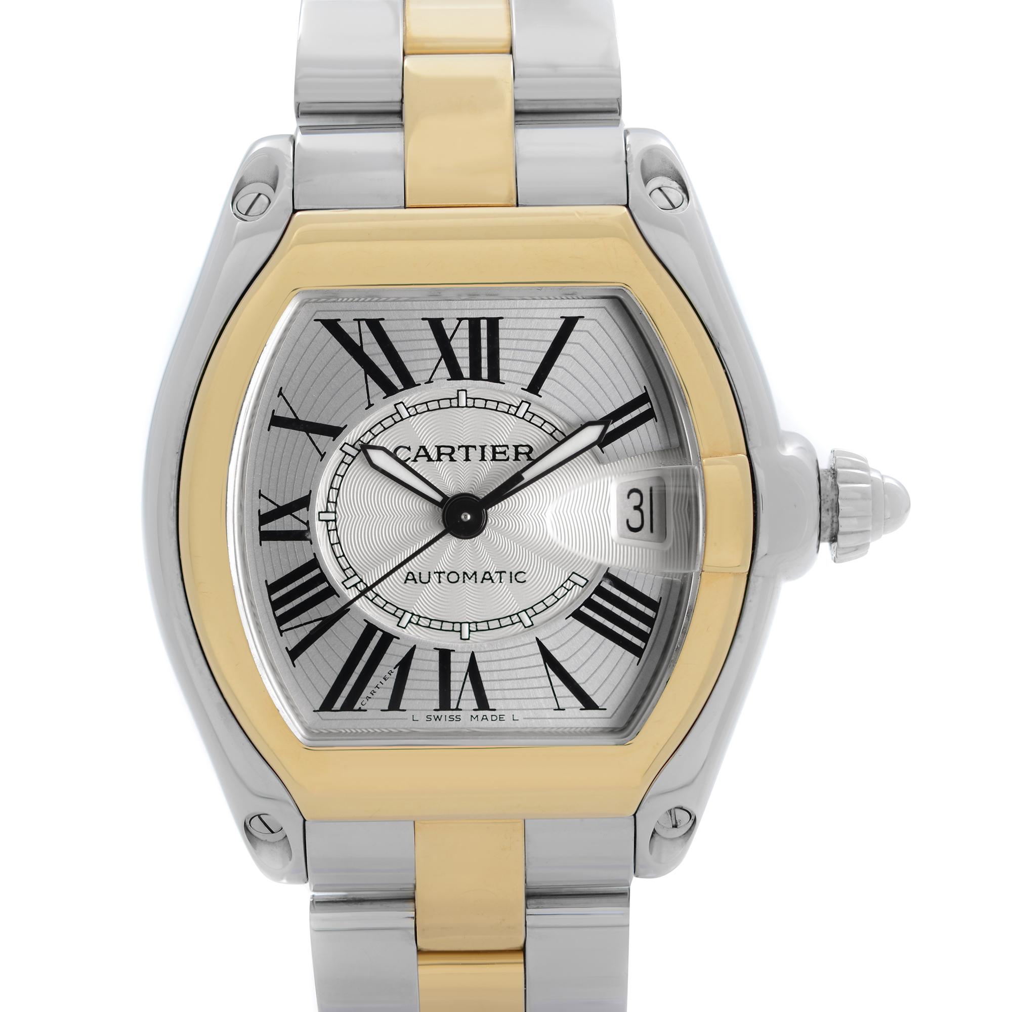 Pre-Owned Cartier Roadster 37mm Stainless Steel 18k Yellow Gold Silver Dial Men's Automatic Watch W62031Y4. The Watch is powered by an Automatic Movement. This Beautiful Timepiece Features: Polished Stainless Steel Case and Steel with 18k Yellow
