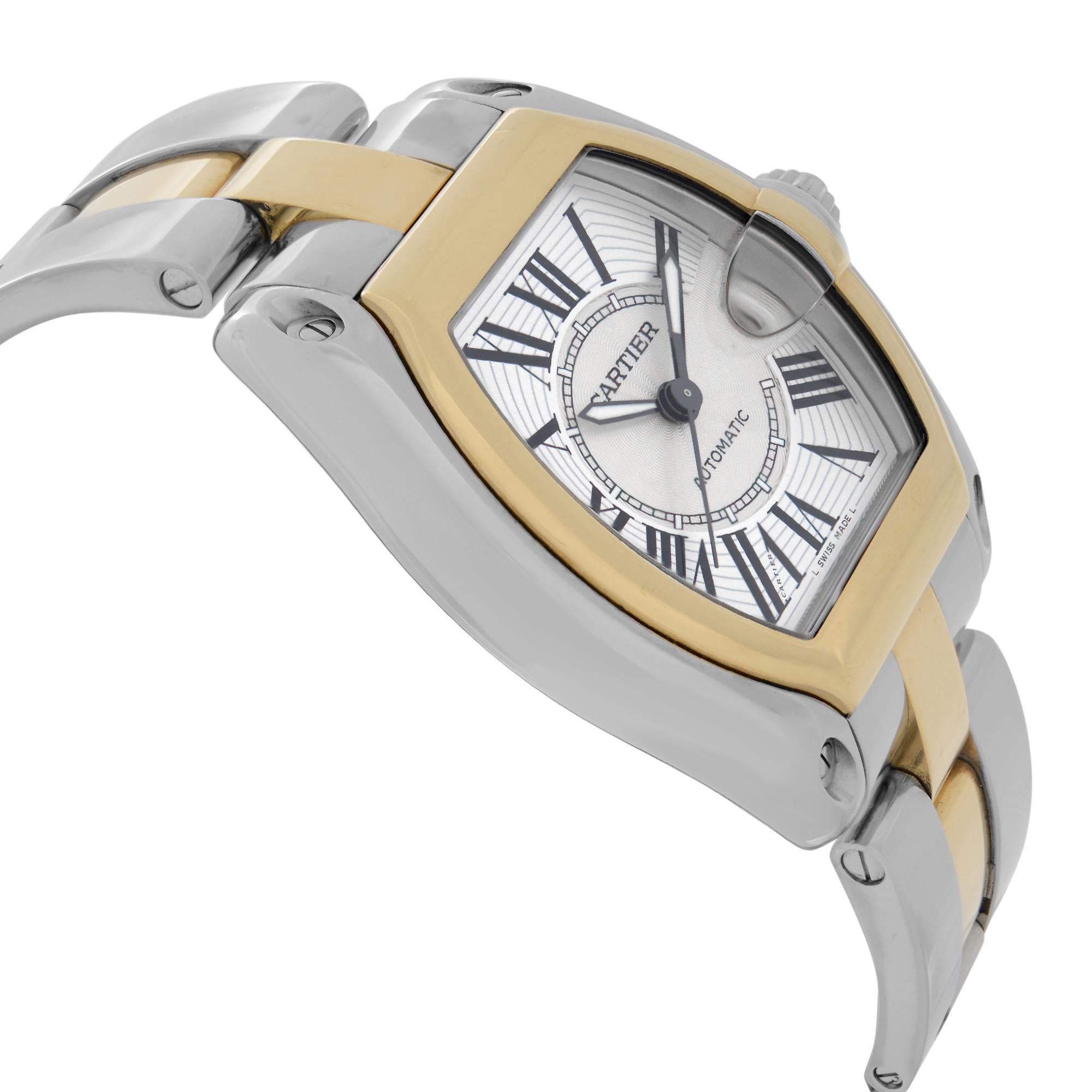 Cartier Roadster Steel 18k Gold Silver Dial Mens Automatic Watch W62031Y4 In Excellent Condition In New York, NY