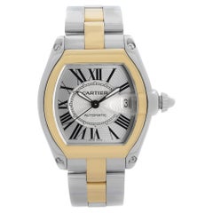 Cartier Roadster Steel 18k Gold Silver Dial Mens Automatic Watch W62031Y4