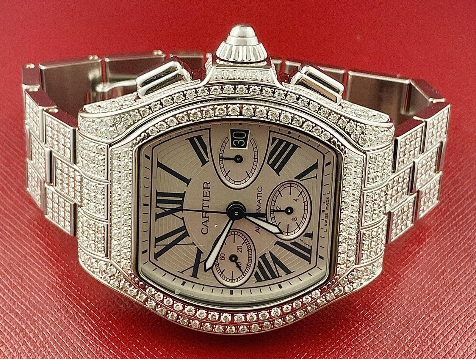 Modern Cartier Roadster 44mm Men's Steel Watch White Dial Custom 12ct Diamonds Ref 3405 For Sale