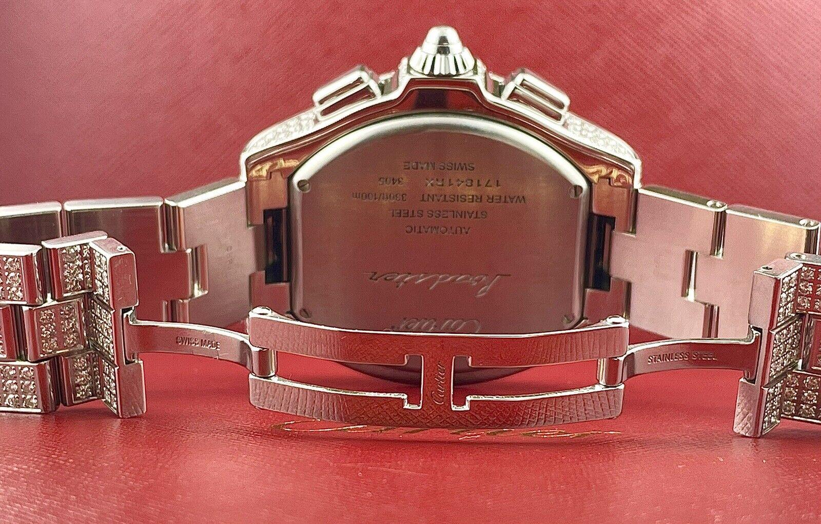Round Cut Cartier Roadster 44mm Men's Steel Watch White Dial Custom 12ct Diamonds Ref 3405 For Sale