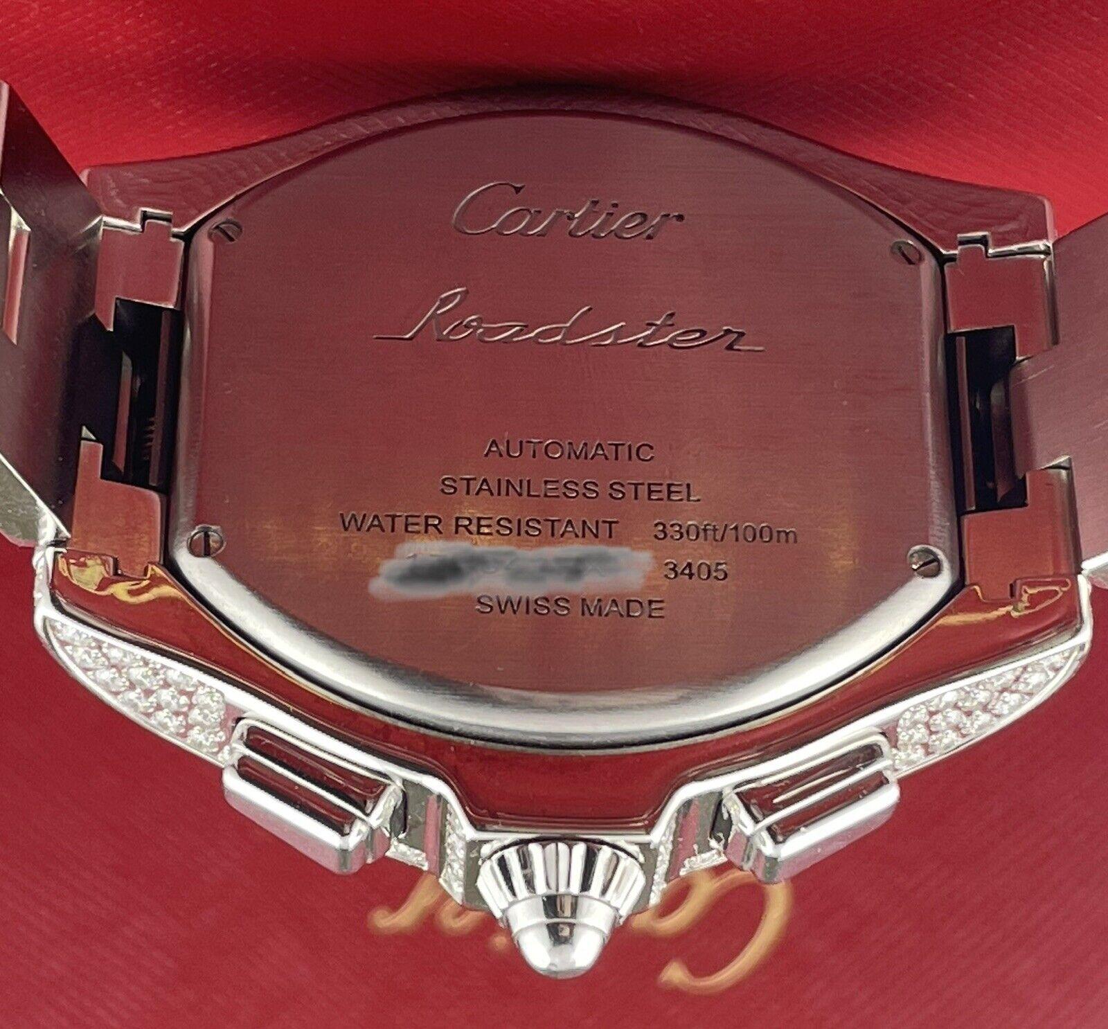 Cartier Roadster 44mm Men's Steel Watch White Dial Custom 12ct Diamonds Ref 3405 For Sale 1