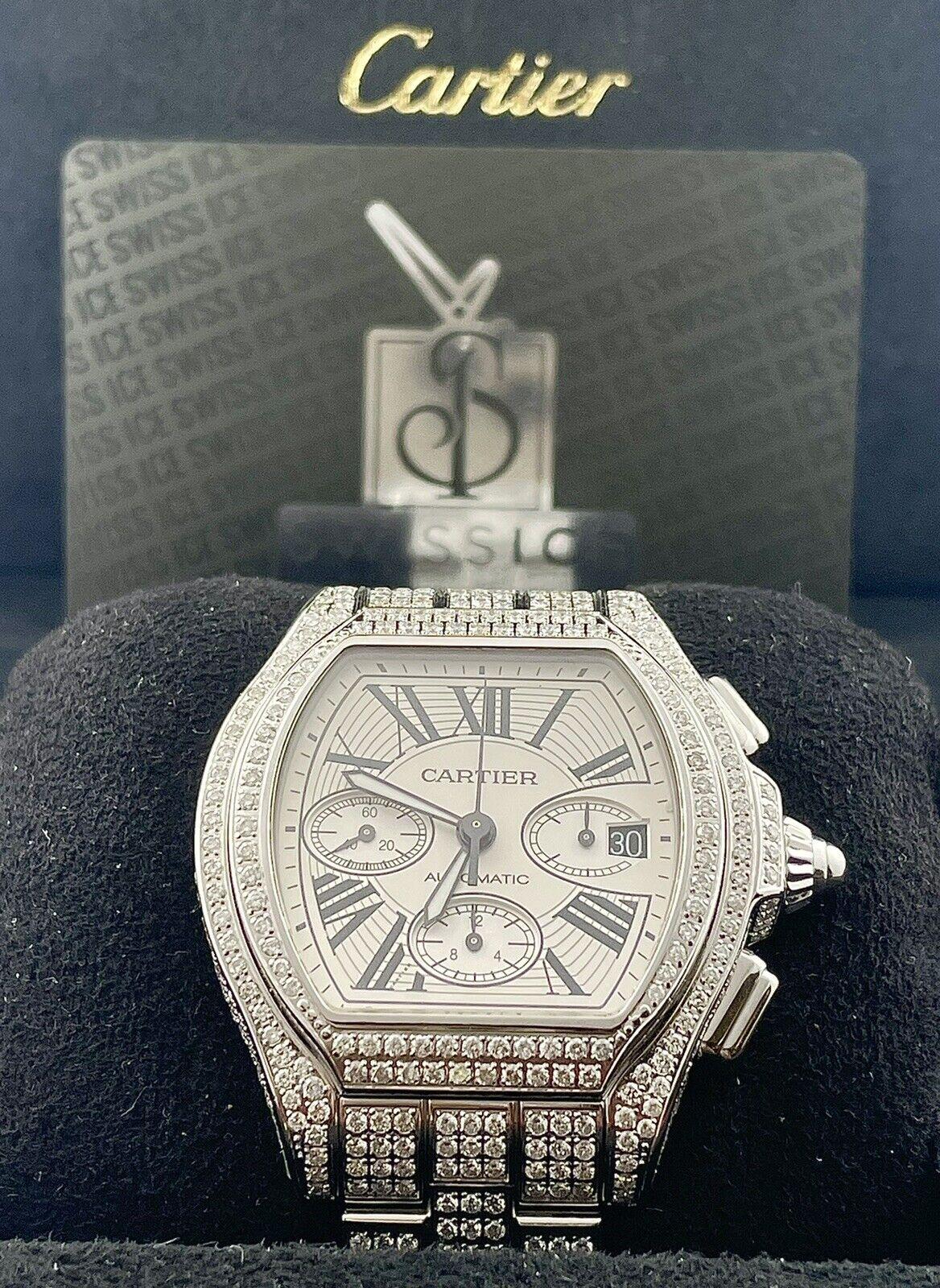 Cartier Roadster 44mm Men's Steel Watch White Dial Custom 12ct Diamonds Ref 3405 For Sale 2