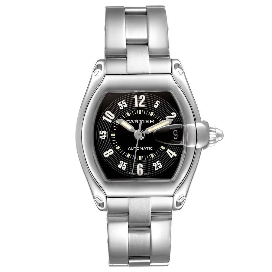 Cartier Roadster Black Arabic Dial Steel Mens Watch W62004V3. Automatic self-winding movement. Stainless steel tonneau shaped case 38 x 43mm. . Scratch resistant sapphire crystal with cyclops magnifying glass. Black dial with arabic numerals.