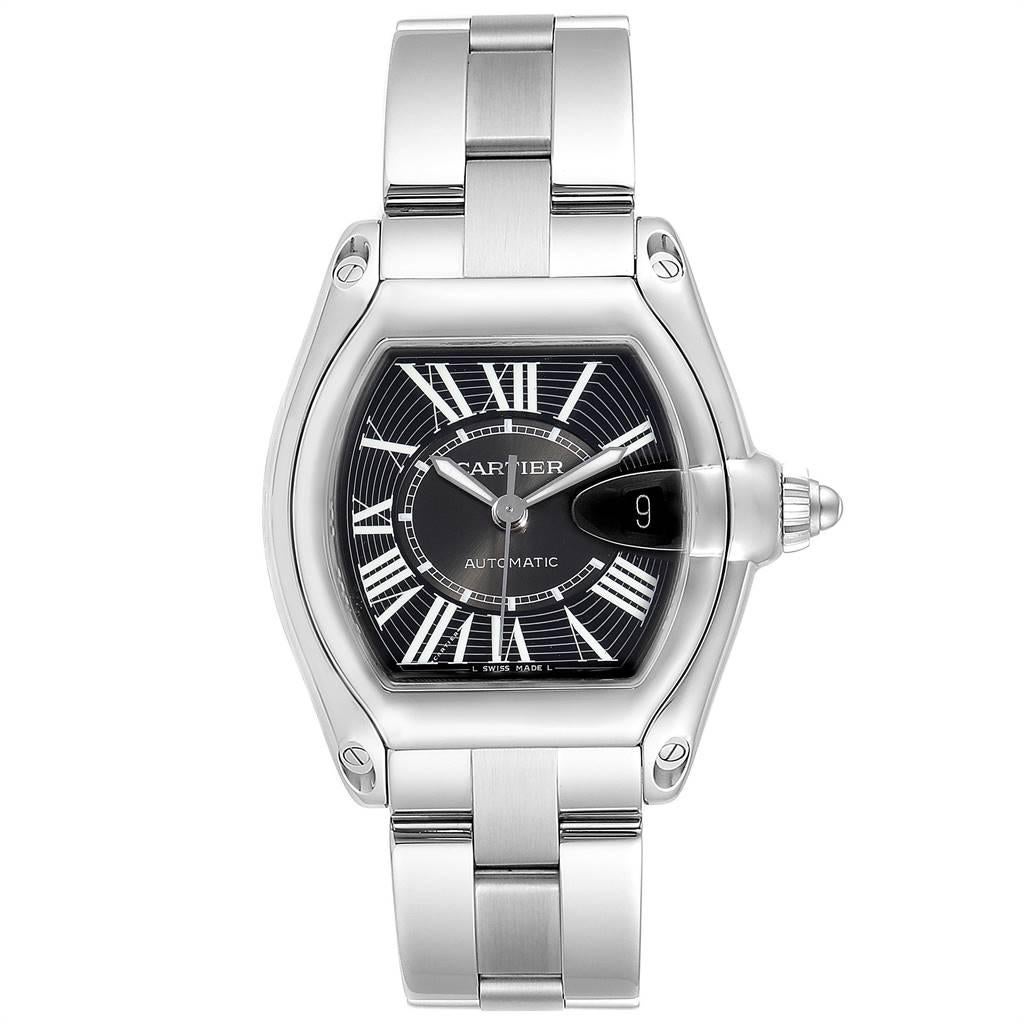 Cartier Roadster Black Dial Large Steel Mens Watch W62041V3 Box. Automatic self-winding movement. Stainless steel tonneau shaped case 38 x 43mm. Scratch resistant sapphire crystal with cyclops magnifying glass. Black sunray effect dial with white