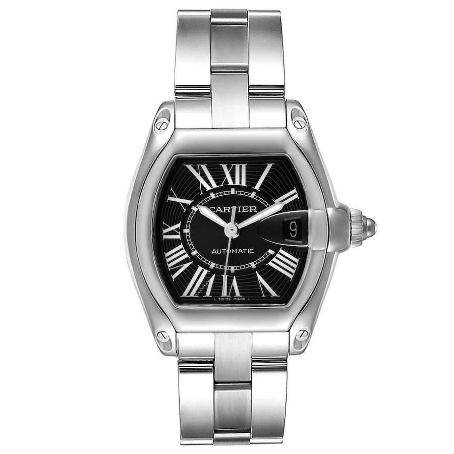 Cartier Roadster Black Dial Large Steel Mens Watch W62041V3. Automatic self-winding movement. Stainless steel tonneau shaped case 38 x 43mm. . Scratch resistant sapphire crystal with cyclops magnifying glass. Black sunray effect dial with white
