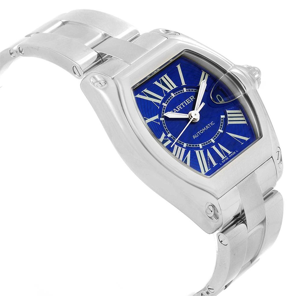 Cartier Roadster Blue Dial Steel Men’s Watch W62048V3 Box Papers In Excellent Condition For Sale In Atlanta, GA