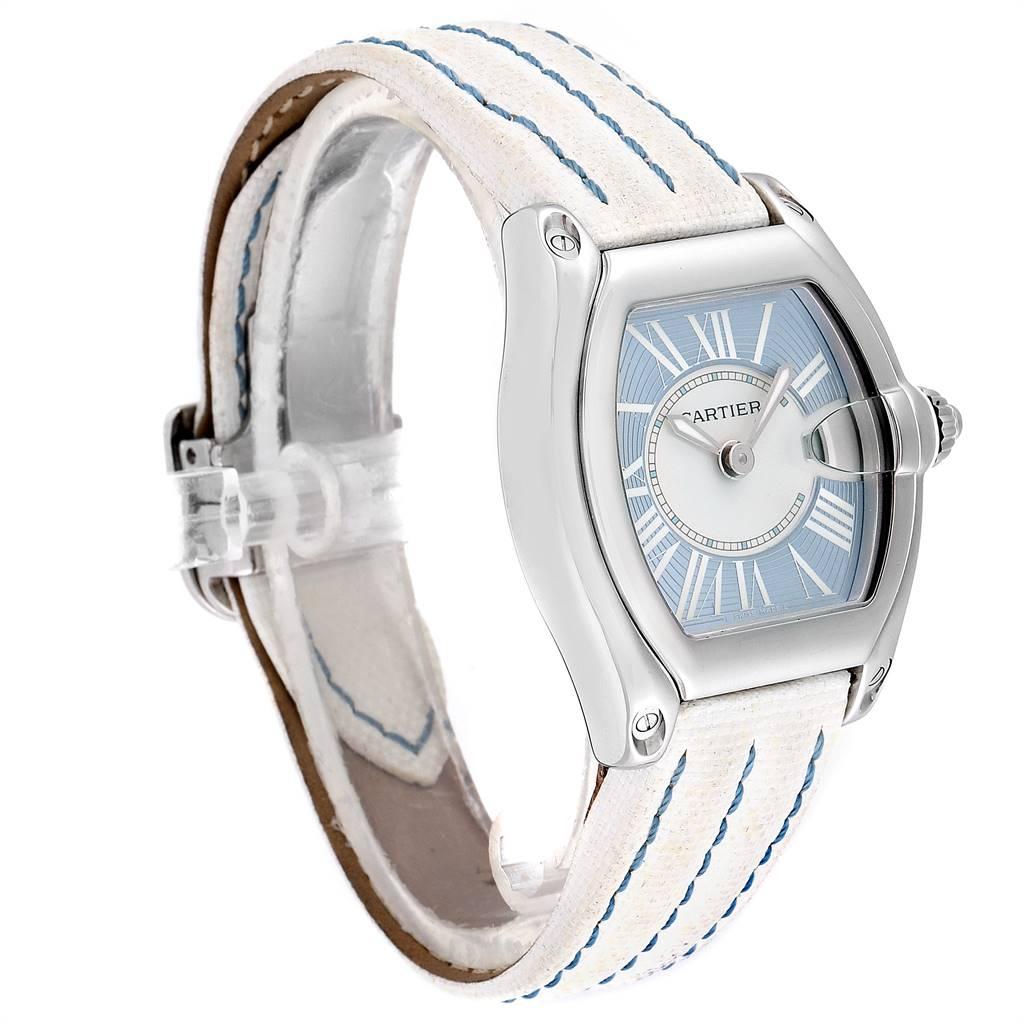 Cartier Roadster Blue Dial White Strap Steel Ladies Watch W62053V3 In Excellent Condition For Sale In Atlanta, GA