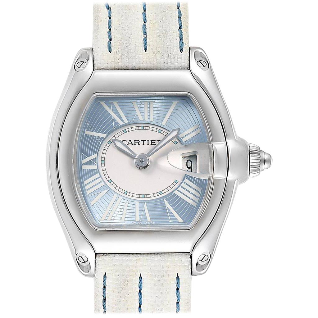 Cartier Roadster Blue Dial White Strap Steel Ladies Watch W62053V3