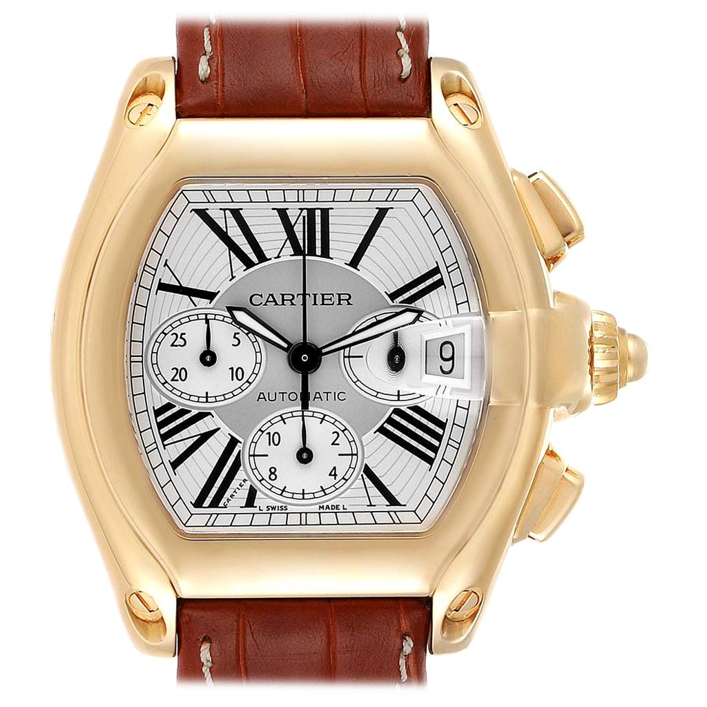Cartier Roadster Brown Strap Yellow Gold Chronograph Men's Watch W62021Y3 For Sale