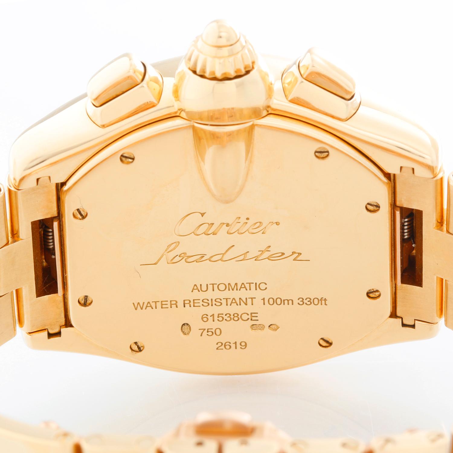 Cartier Roadster Chronograph 18k Yellow Gold Men's Watch W62021Y2 - Automatic winding; chronograph with date. 18k yellow gold case (43 mm x 47mm). Champagne  dial with black Roman numerals. Cartier 18k yellow gold bracelet; will fit a 7 1/2
