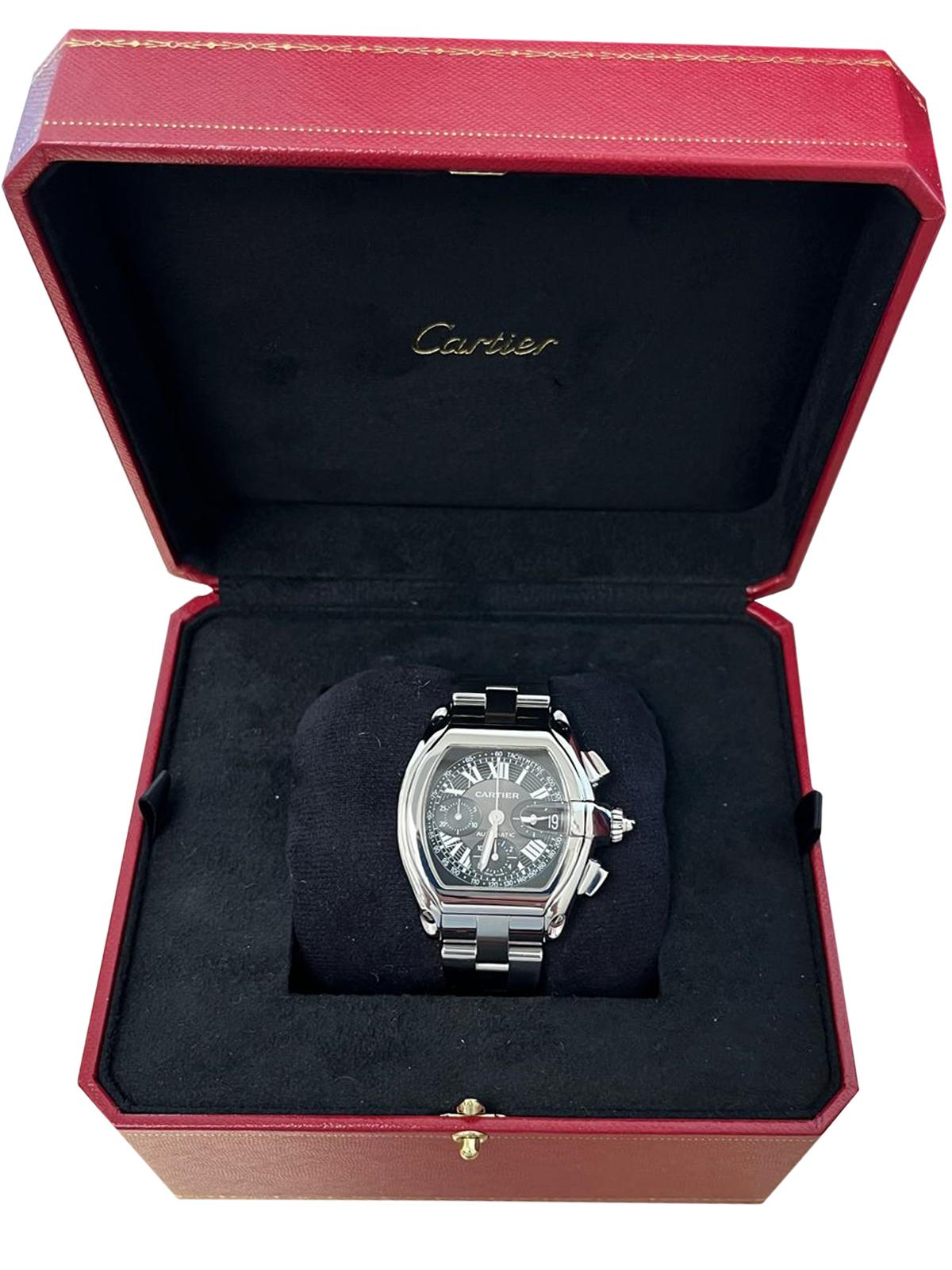 Cartier Roadster Chronograph Black Dial Steel Mens Watch W62007X6. Automatic self-winding movement with chronograph function. Highly polished stainless steel tonneau-shaped case 49 x 43 mm. Scratch-resistant sapphire crystal with Cyclops magnifying