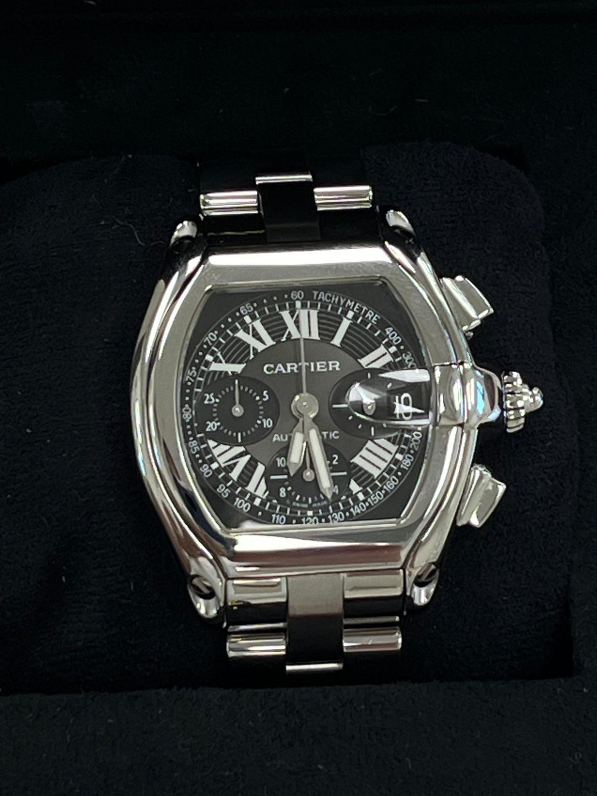 Modernist Cartier Roadster Chronograph Black Dial Automatic Steel Men's Watch W62007X6