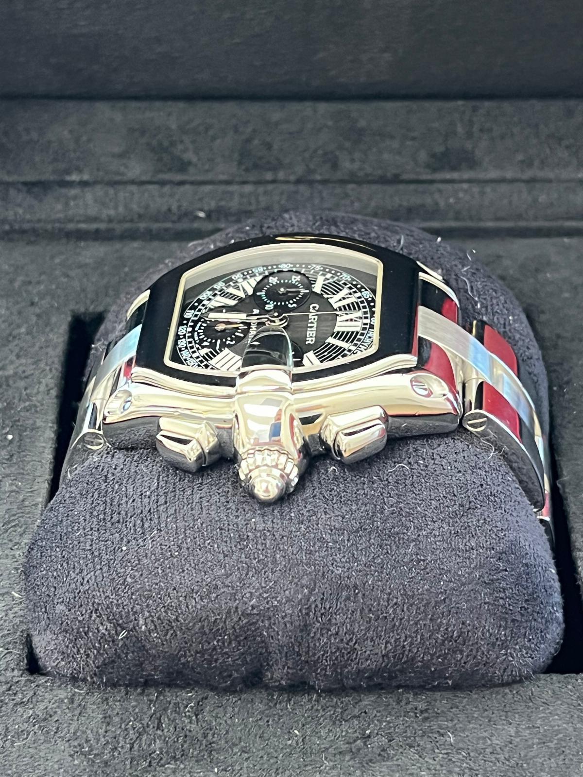 Cartier Roadster Chronograph Black Dial Automatic Steel Men's Watch W62007X6 In Good Condition In Aventura, FL