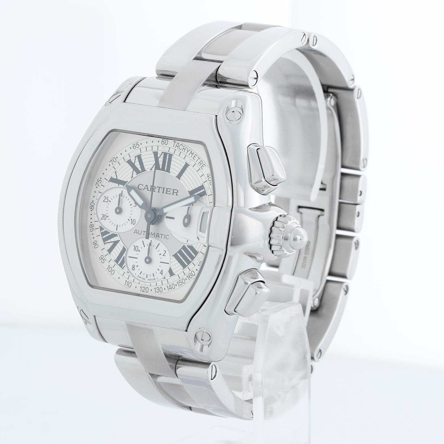 Cartier Roadster Chronograph Men's Stainless Steel Automatic Watch 2618 W62006X6 In Excellent Condition For Sale In Dallas, TX