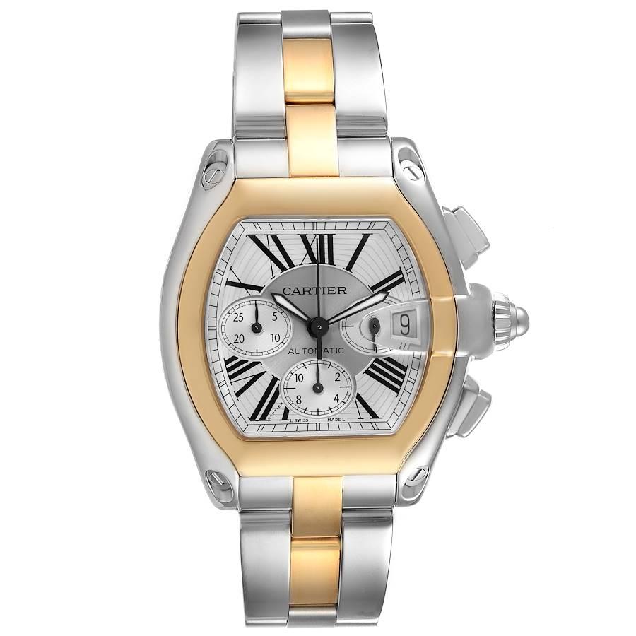Cartier Roadster Chronograph Mens Steel Yellow Gold Watch W62027Z1. Automatic self-winding movement with chronograph function. Stainless steel and 18K yellow gold tonneau shaped case 48 x 43 mm. . Scratch resistant sapphire crystal with cyclops