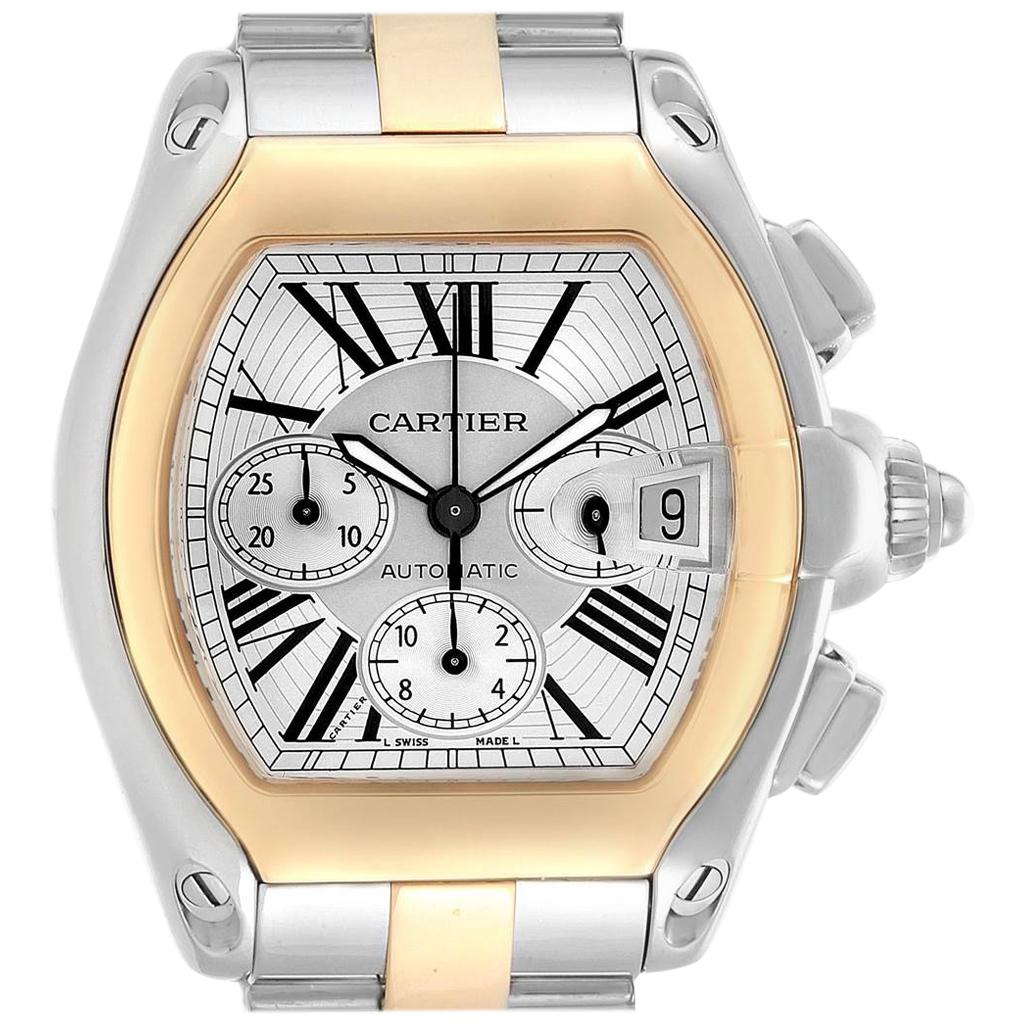 Cartier Roadster Chronograph Men's Steel Yellow Gold Watch W62027Z1 For Sale