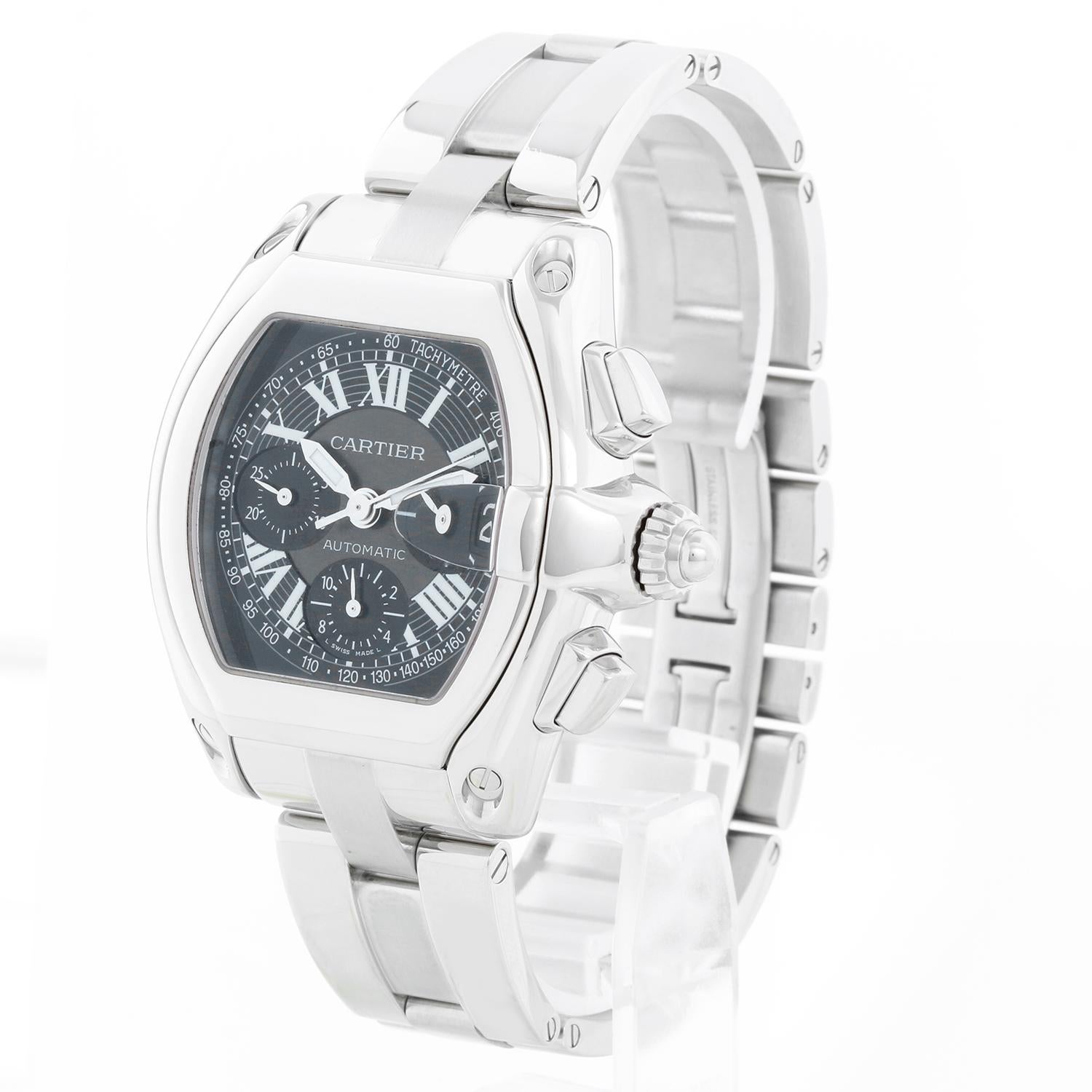 Cartier Roadster Chronograph Stainless Steel Men's Watch W62007X6 2618 - Automatic winding chronograph with date. Stainless steel case (43mm x 48mm). Black dial with white Roman numerals; date at 3 o'clock. Stainless steel Cartier bracelet with